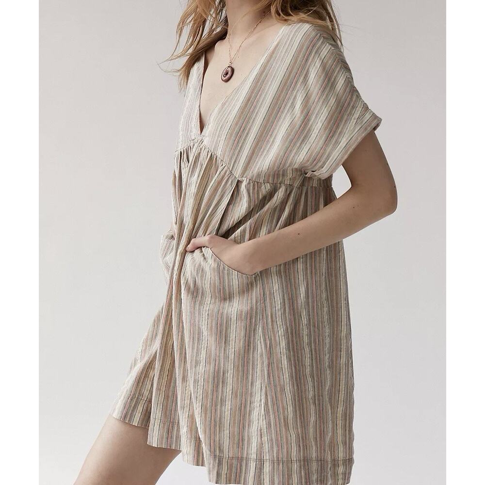 Urban Outfitters Dress Womens L Serendipity Mini Babydoll Wide Boxy Linen Stripe - Picture 2 of 11